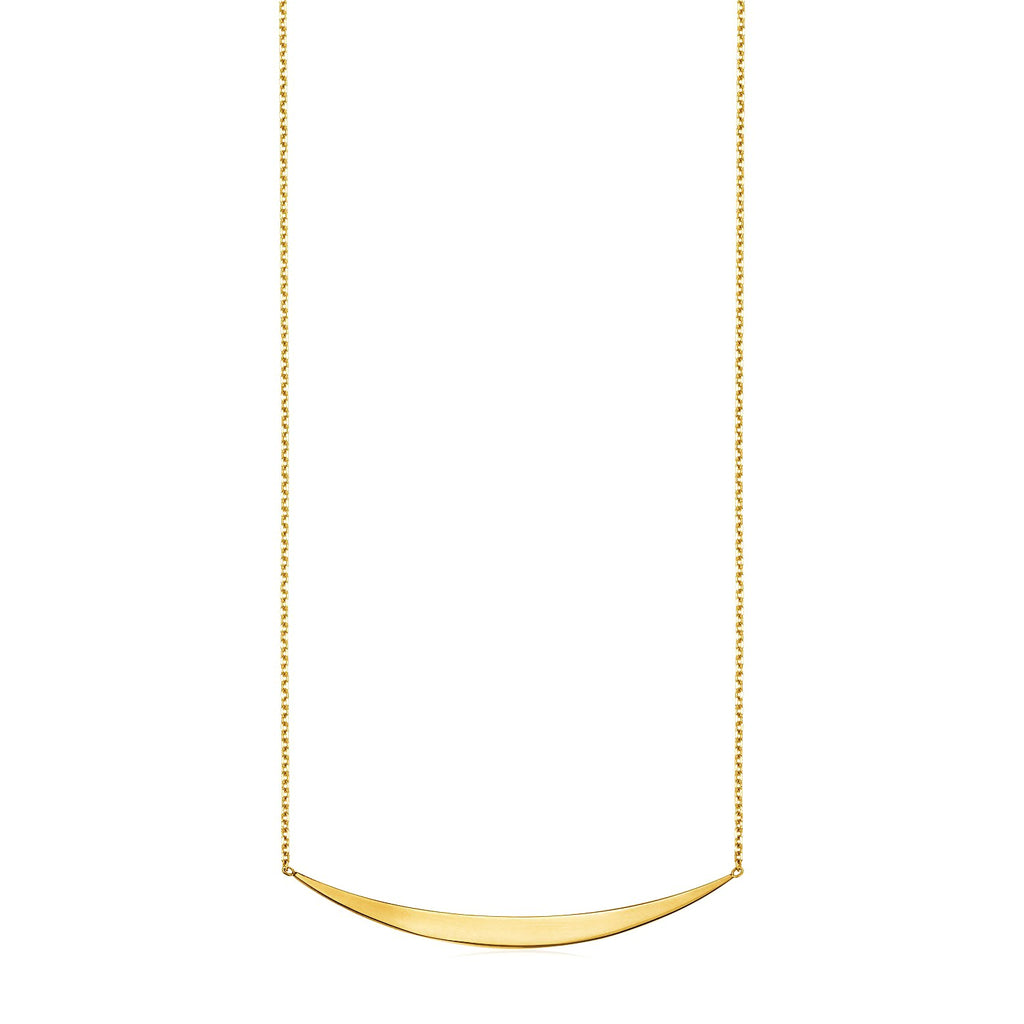 14k yellow gold necklace featuring a sleek polished curved bar pendant on a delicate chain, embodying modern elegance.