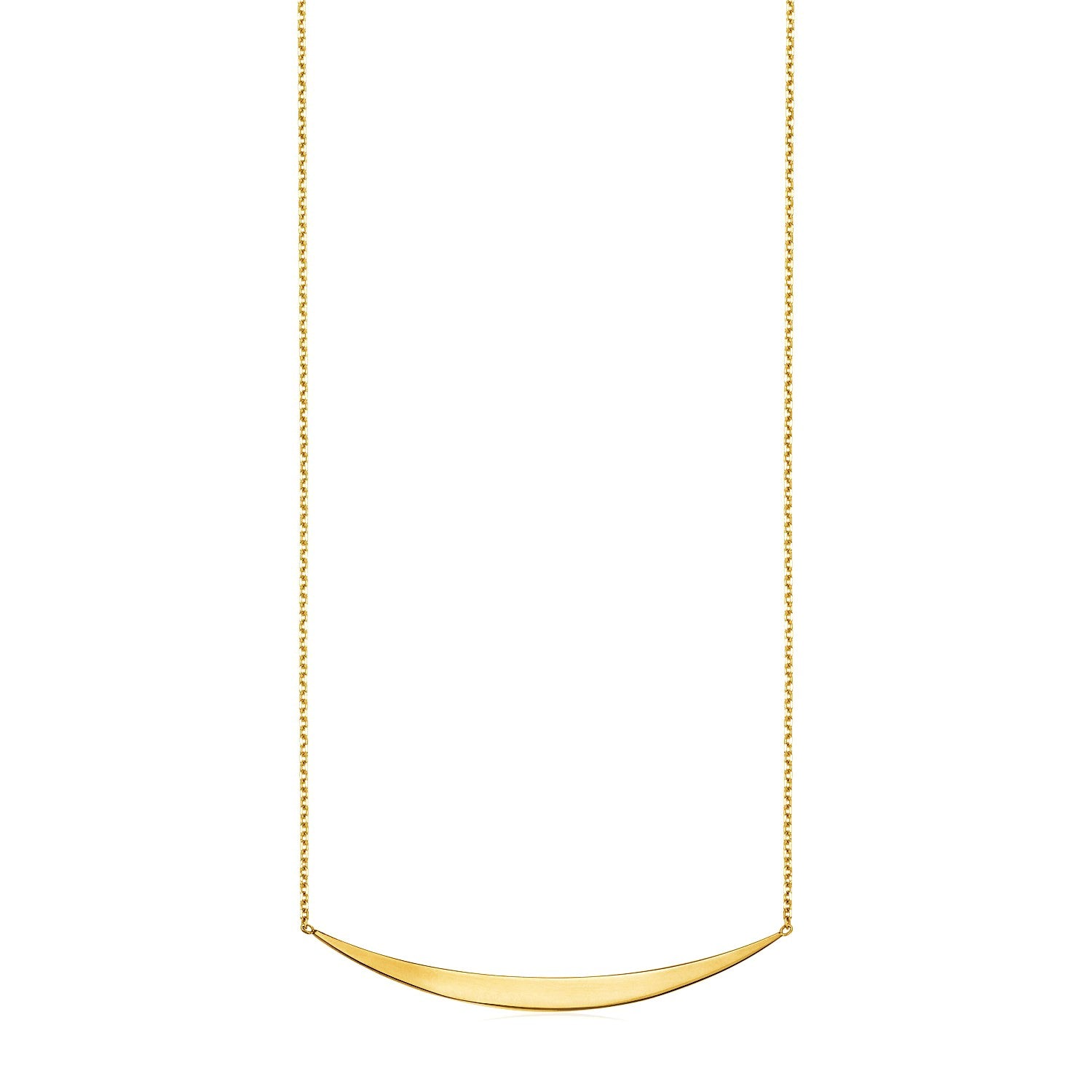 14k yellow gold necklace featuring a sleek polished curved bar pendant on a delicate chain, embodying modern elegance.