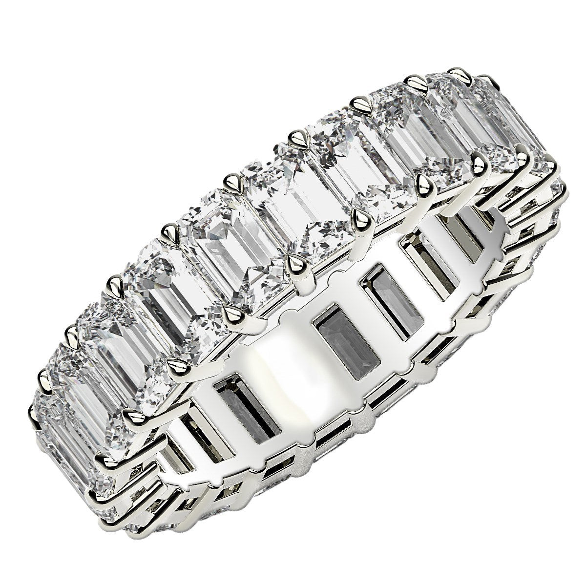 Emerald cut lab-grown diamond eternity ring in 14k white gold, featuring elegant design and 6 cttw FG/VS2 diamonds.
