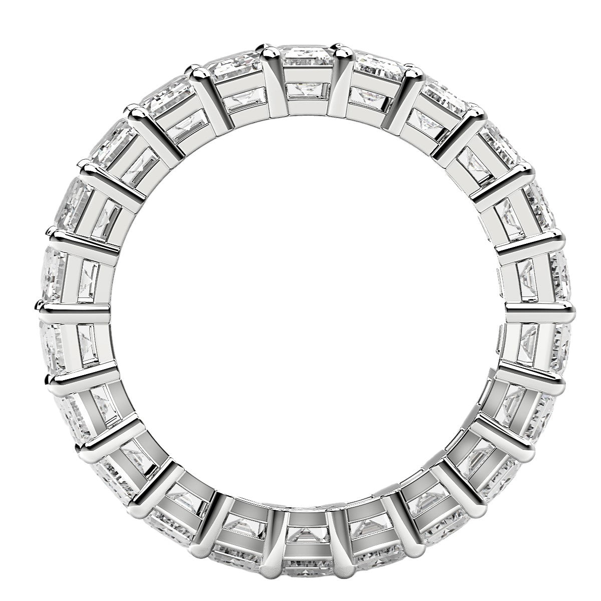Emerald cut lab-grown diamond eternity ring in 14k white gold, featuring elegant design with 6 cttw FG/VS2 diamonds.