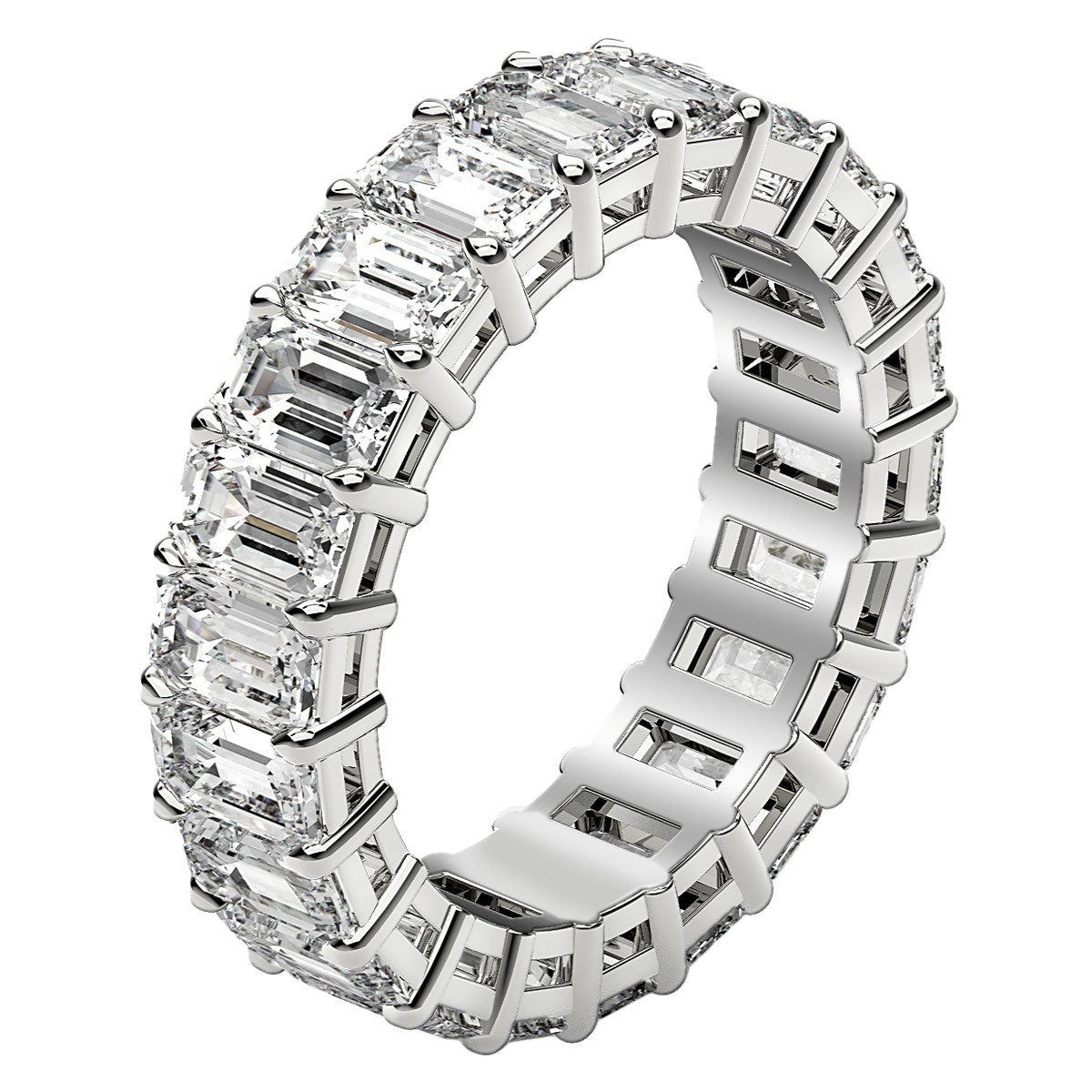 Emerald cut lab-grown diamond eternity ring in 14k white gold, showcasing elegant design and 6 cttw FG/VS2 diamonds.