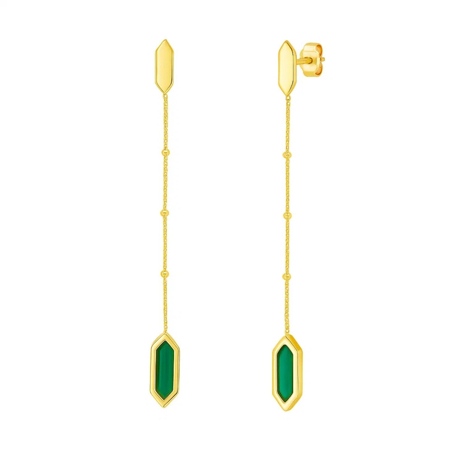 14k yellow gold malachite drop chain earrings, elegantly designed for a luxurious touch to any ensemble.