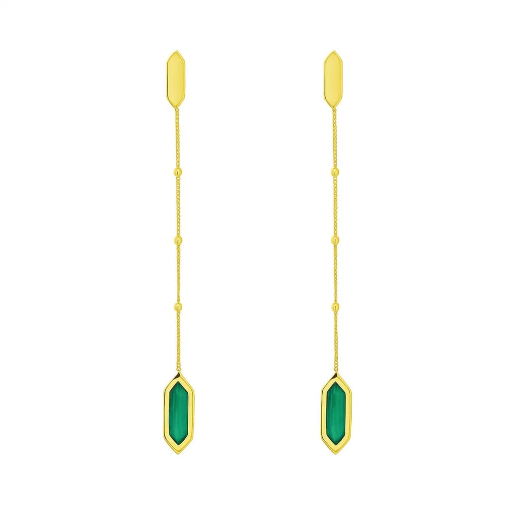 14k yellow gold malachite drop chain earrings featuring an elegant design and luxurious finish.