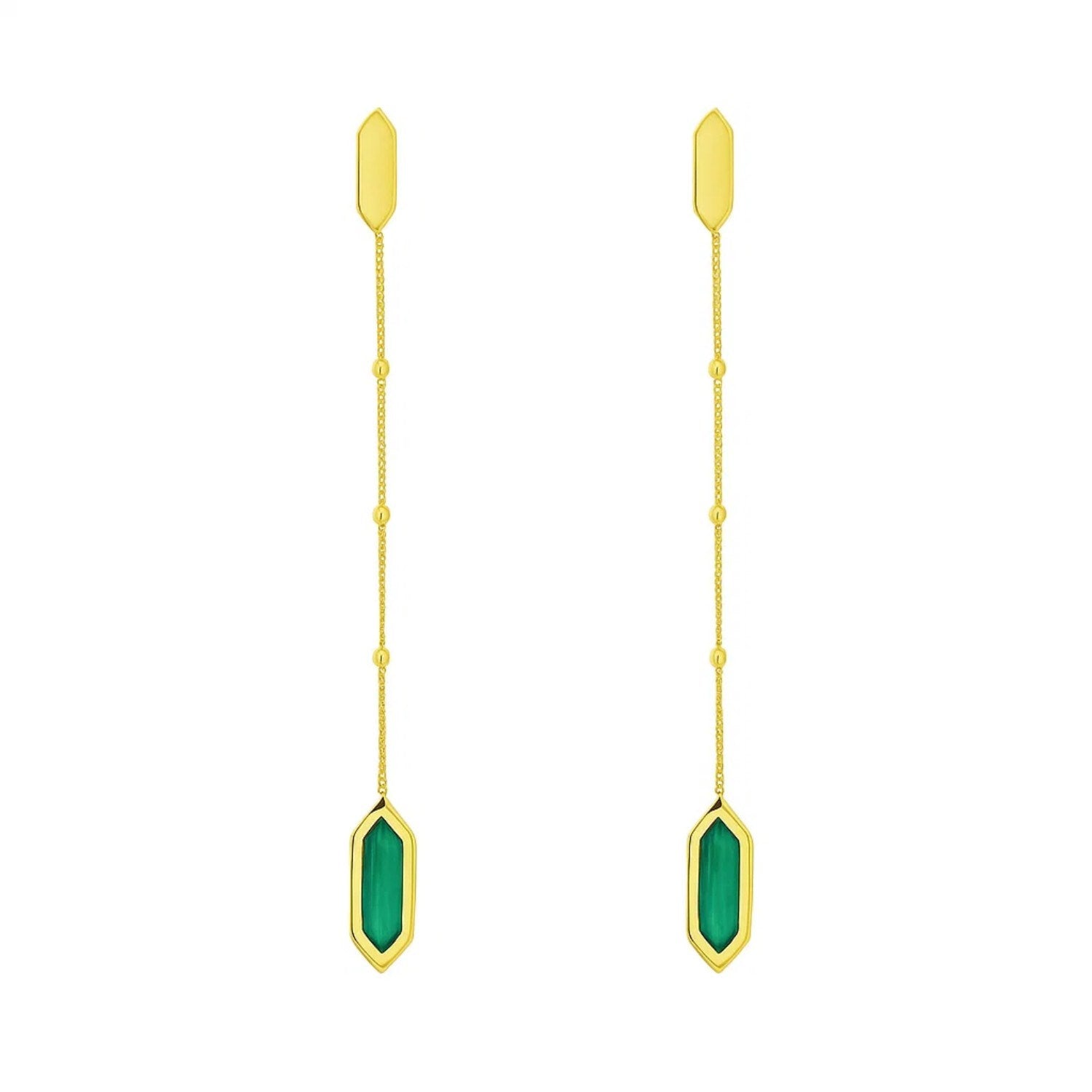 14k yellow gold malachite drop chain earrings featuring an elegant design and luxurious finish.