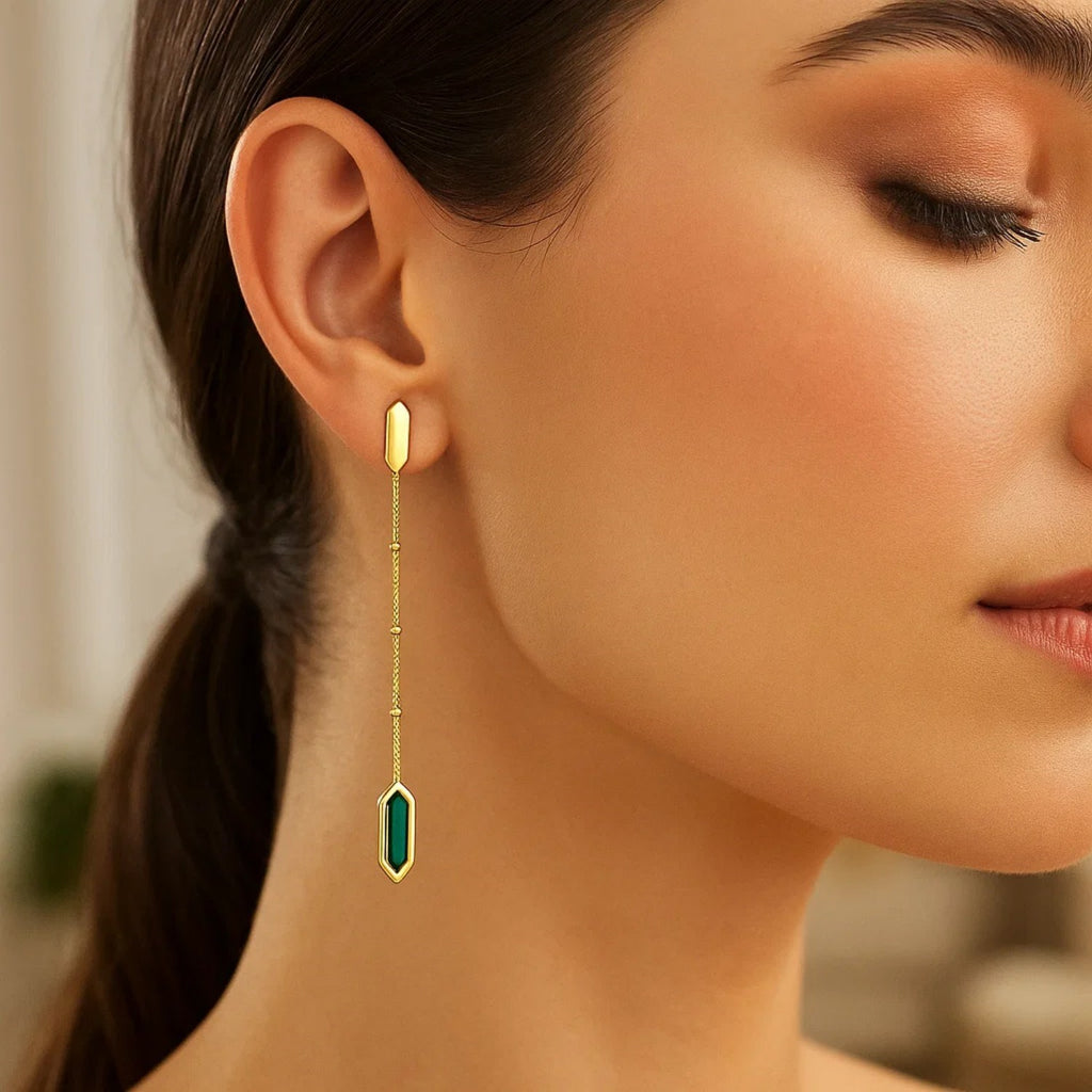 14k yellow gold drop chain earrings featuring elegant malachite accents for a luxurious statement look.