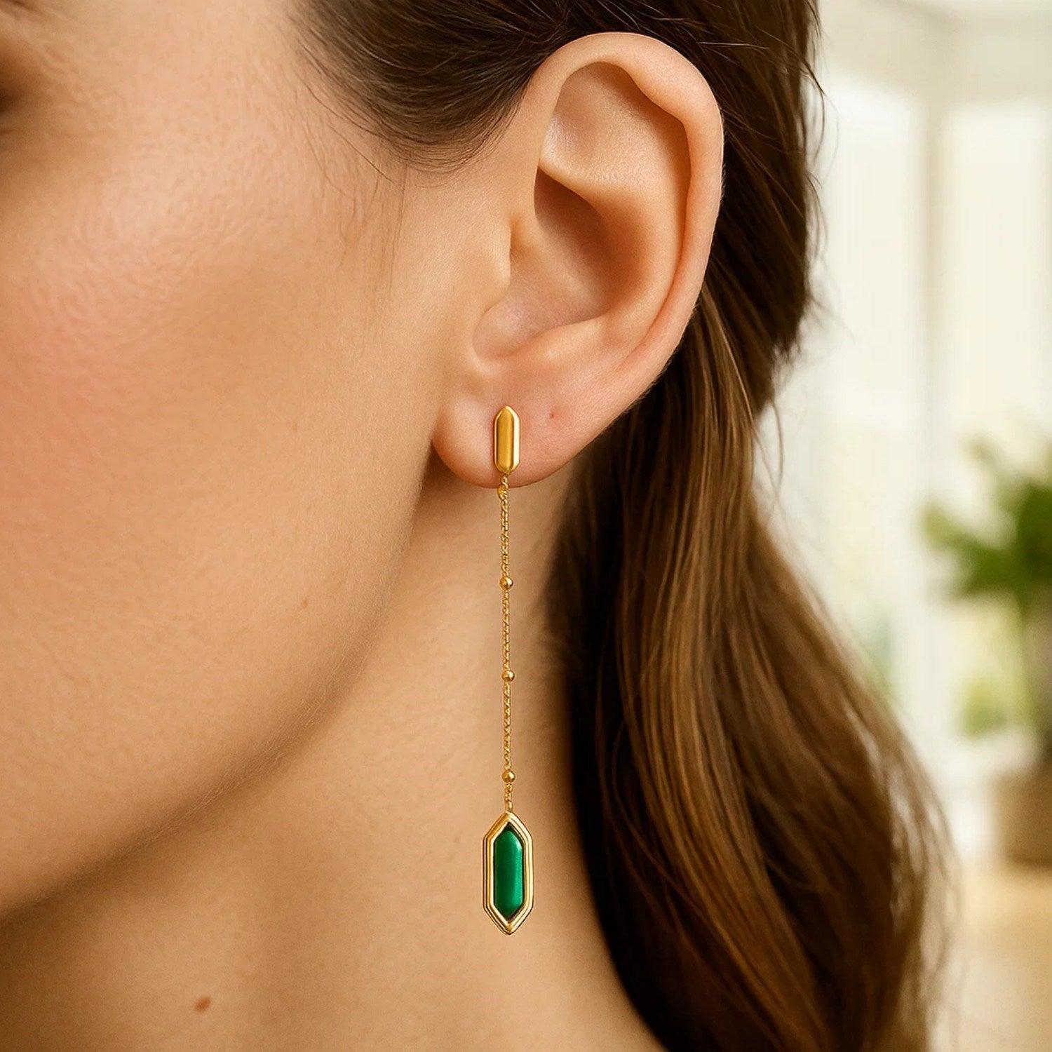 Elegant 14k yellow gold drop chain earrings featuring rich malachite accents for a luxurious touch.