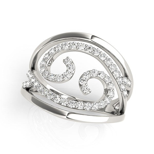 Swirl design diamond ring in 14k white gold, featuring elegant curves and 1/2 cttw of sparkling diamonds.