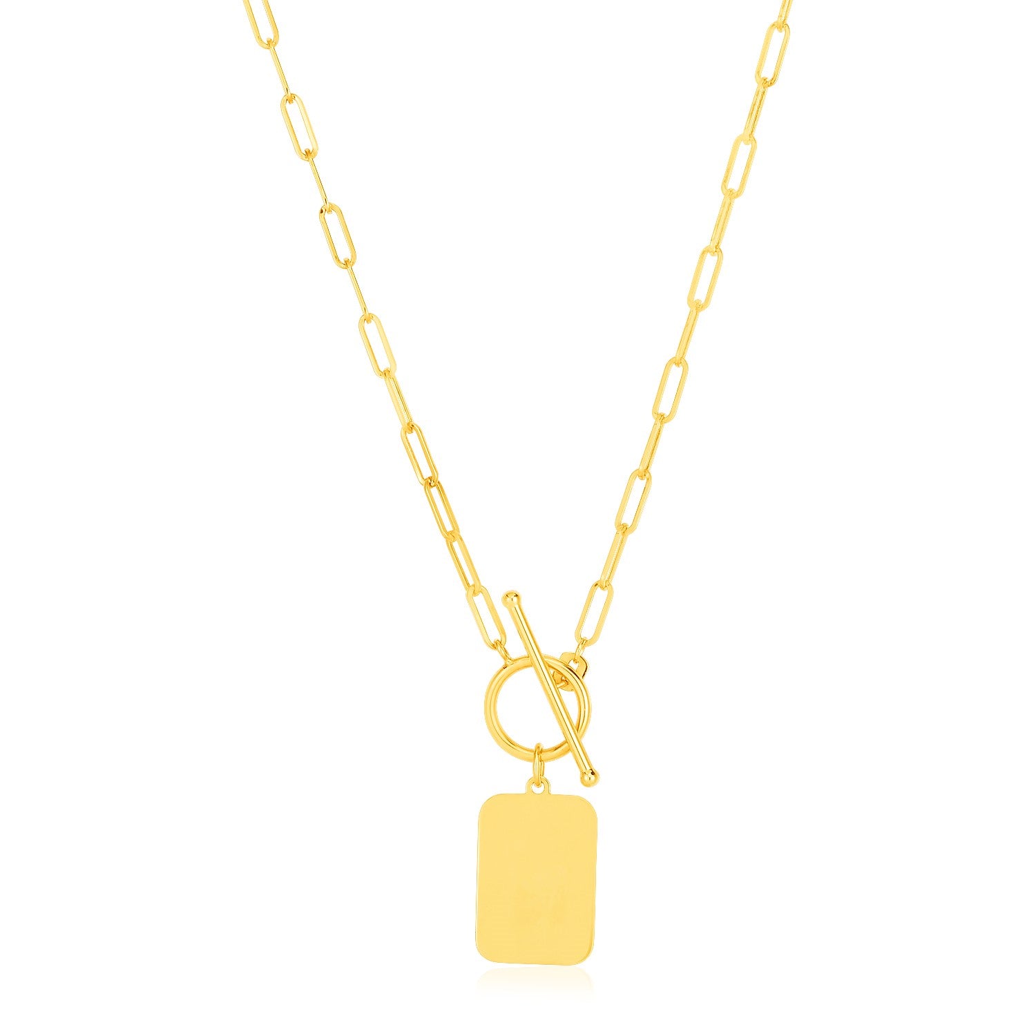 14k yellow gold paperclip chain necklace featuring a modern rounded rectangle pendant for a chic, elegant look.