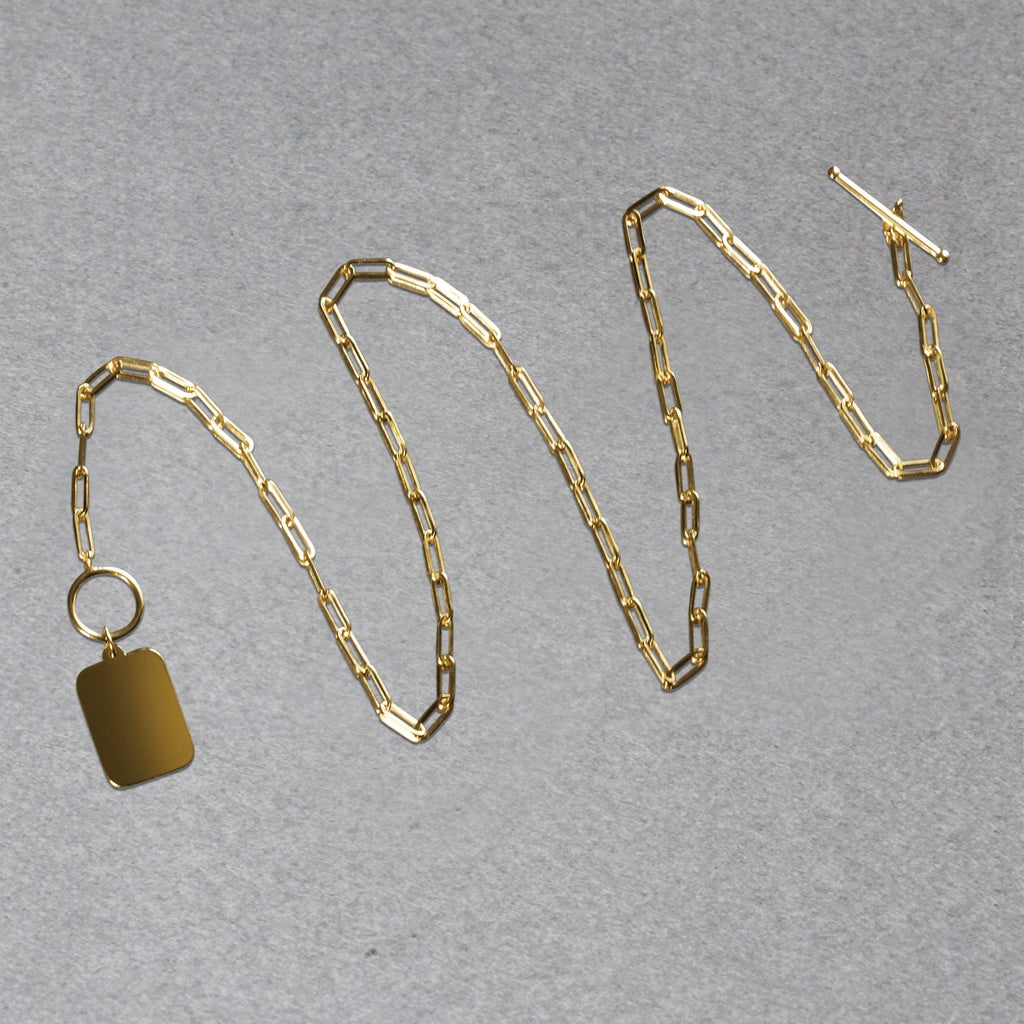 14k yellow gold paperclip chain necklace featuring a modern rounded rectangle pendant for a chic, elegant look.