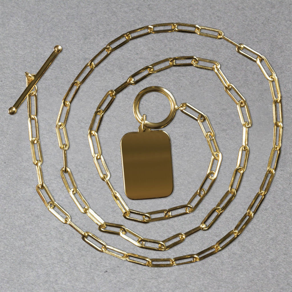14k yellow gold paperclip chain necklace featuring a modern rounded rectangle pendant for a chic, elegant look.