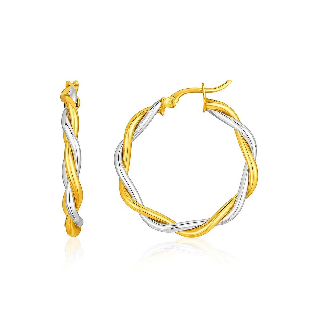 14k two-tone twisted wire hoop earrings in yellow and white gold, showcasing modern elegance and timeless design.