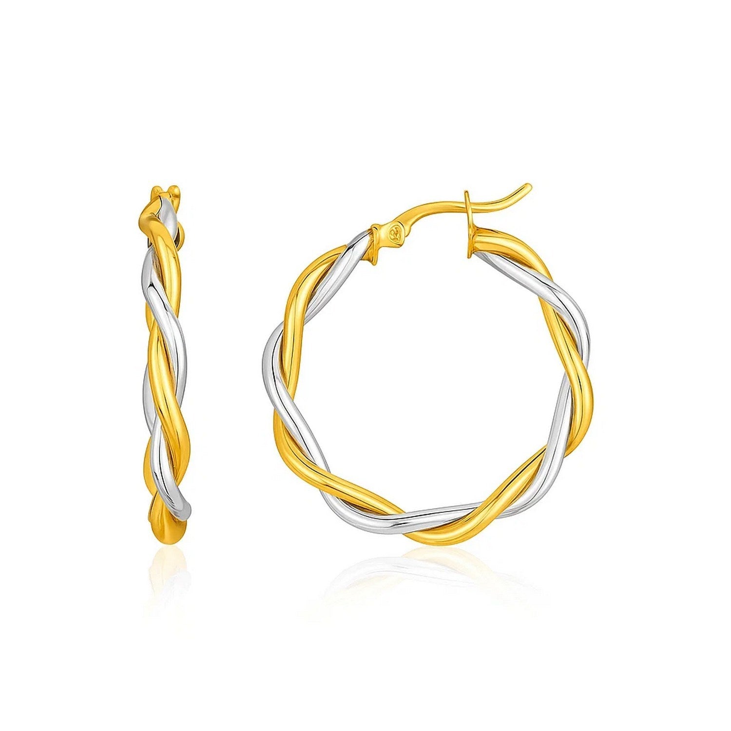 14k two-tone twisted wire hoop earrings in yellow and white gold, showcasing modern elegance and timeless design.