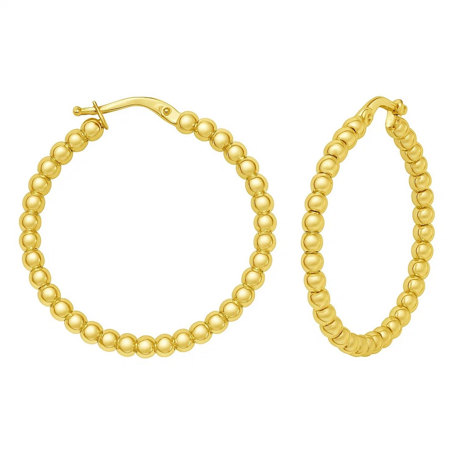 14k yellow gold polished large bead hoop earrings, exuding elegance and timeless sophistication for any occasion.