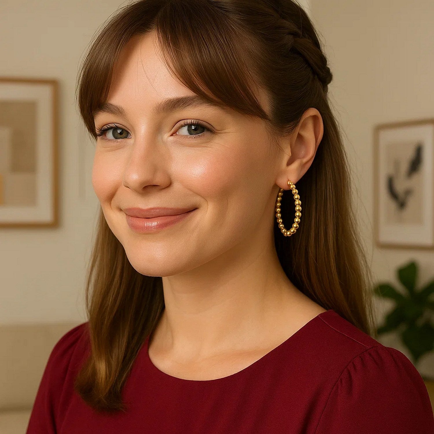 Elegant 14k yellow gold polished large bead hoop earrings showcasing refined craftsmanship and timeless style.