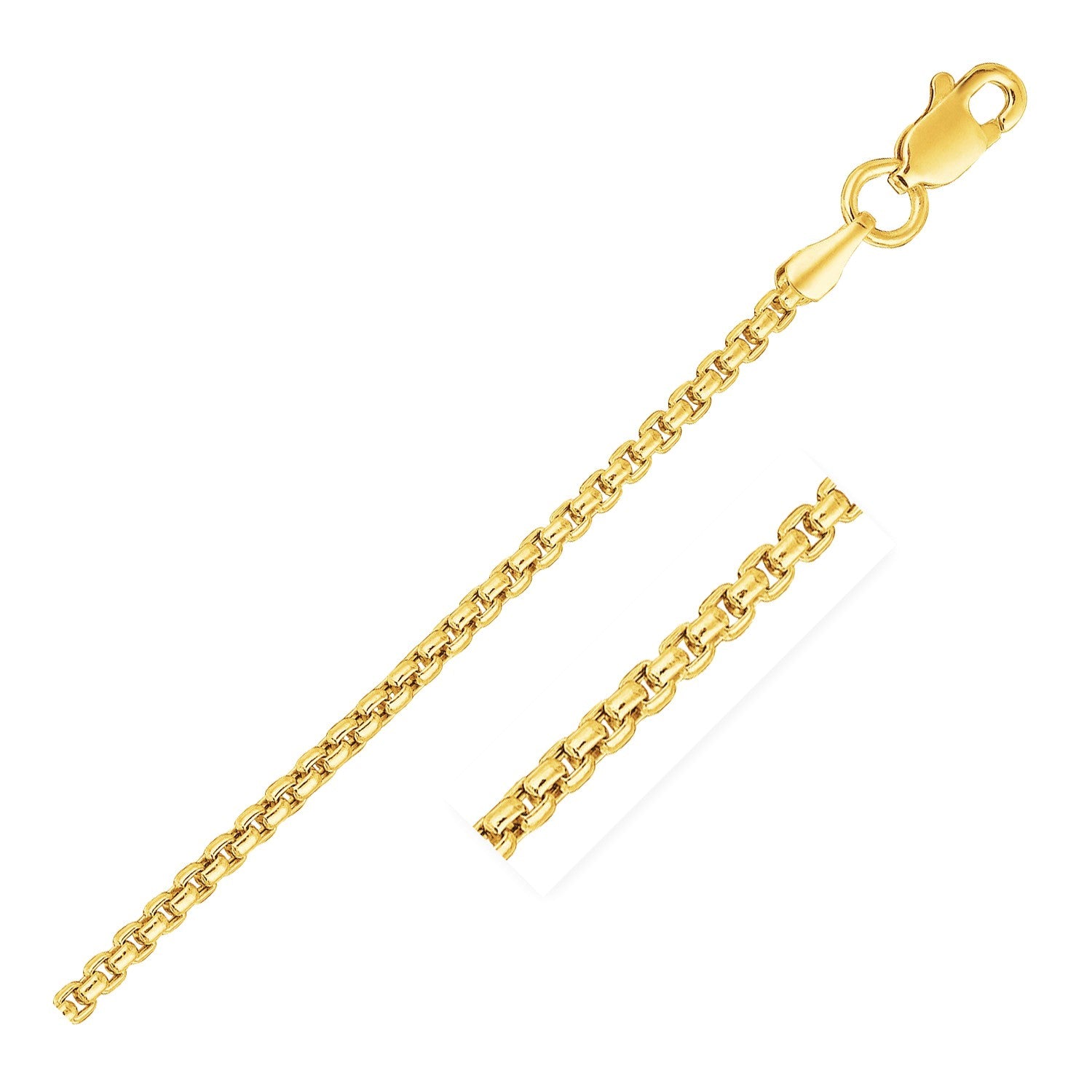 14k yellow gold solid round box chain, modern design, 1.6 mm width, perfect for layering or as a statement piece.