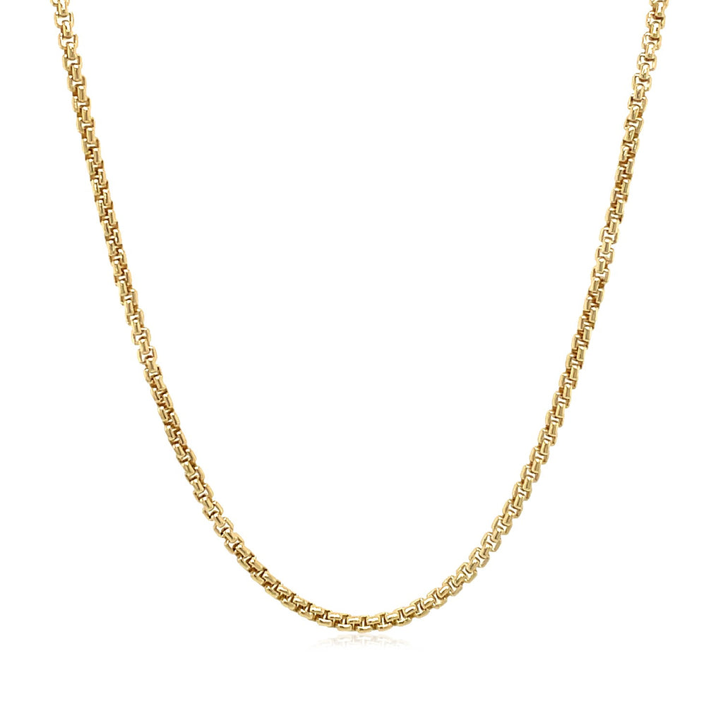 14k yellow gold solid round box chain, modern design, 1.6 mm width, perfect for layering or as a statement piece.