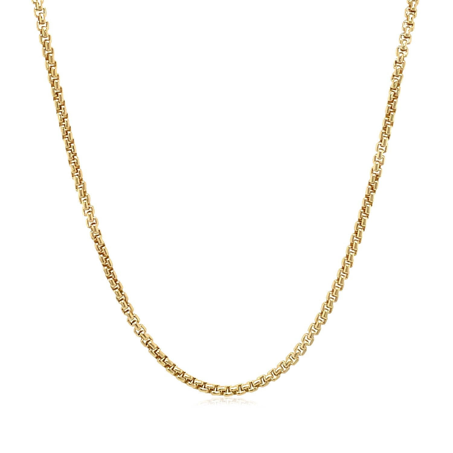 14k yellow gold solid round box chain, modern design, 1.6 mm width, perfect for layering or as a statement piece.