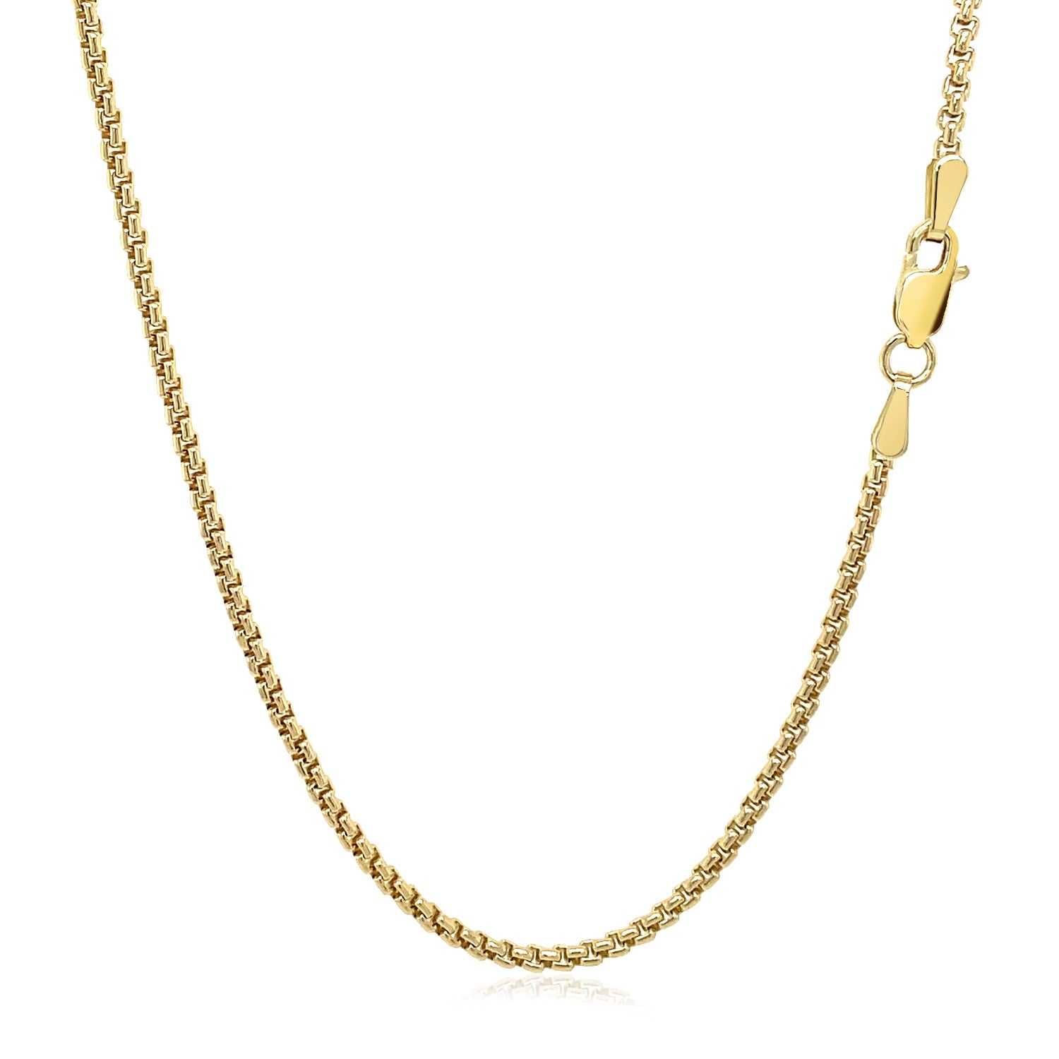 14k yellow gold solid round box chain, modern design, 1.6 mm width, perfect for layering or as a statement piece.