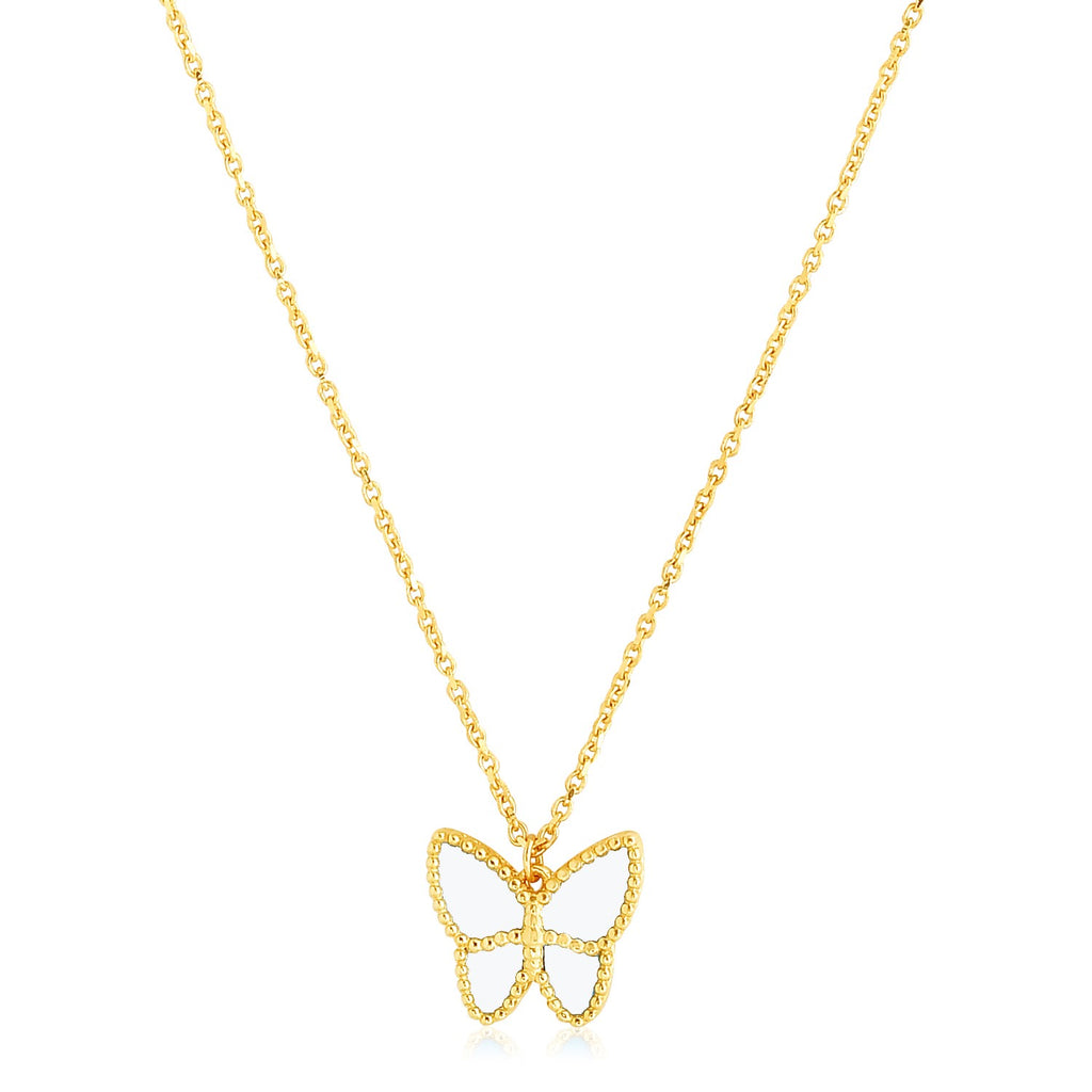 14k yellow gold high polish butterfly necklace with elegant drop design and lustrous pearl accents.