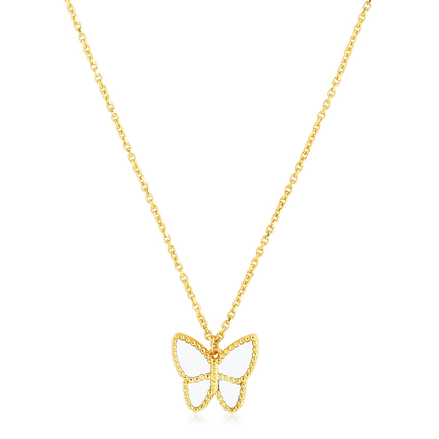 14k yellow gold high polish butterfly necklace with elegant drop design and lustrous pearl accents.