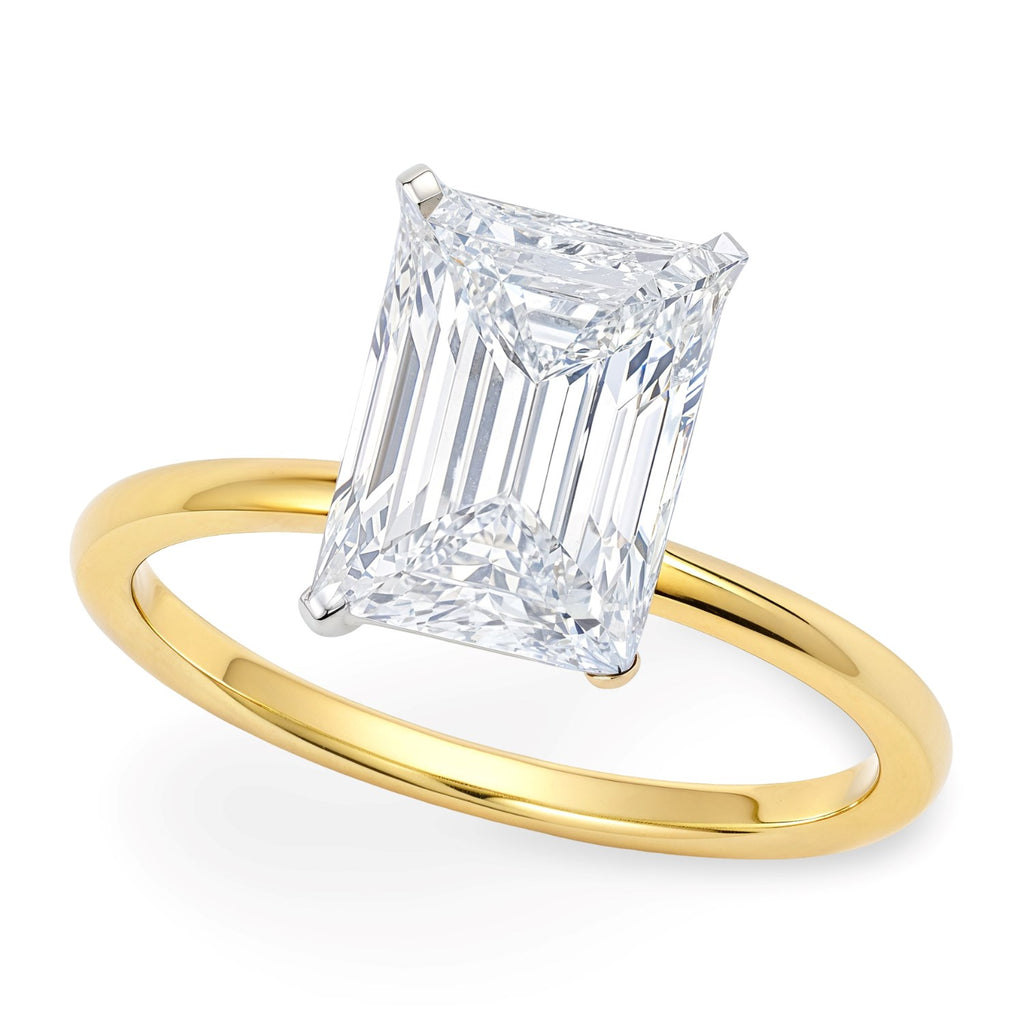 5 carat radiant lab-grown diamond solitaire ring in 10K yellow gold, showcasing modern elegance and timeless luxury.