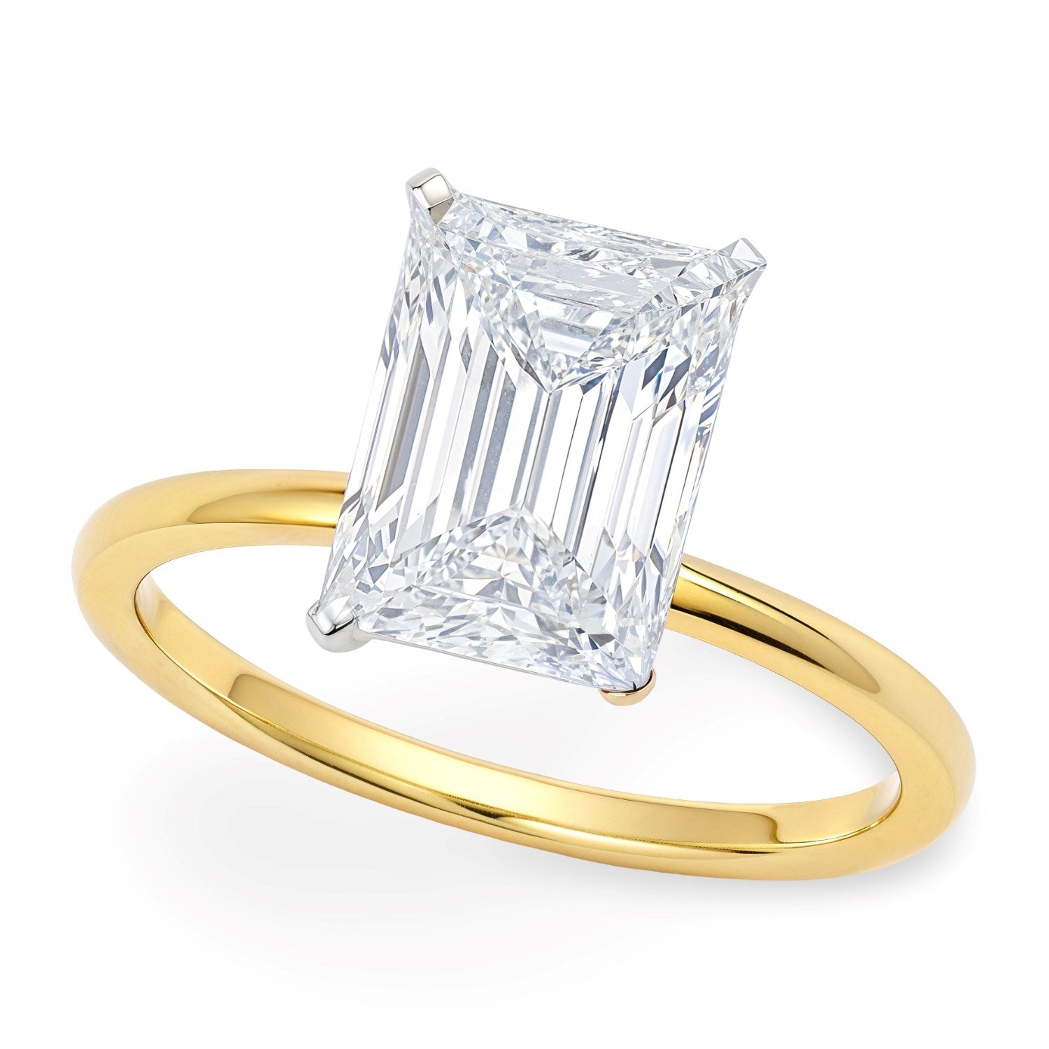5 carat radiant lab-grown diamond solitaire ring in 10K yellow gold, showcasing modern elegance and timeless luxury.