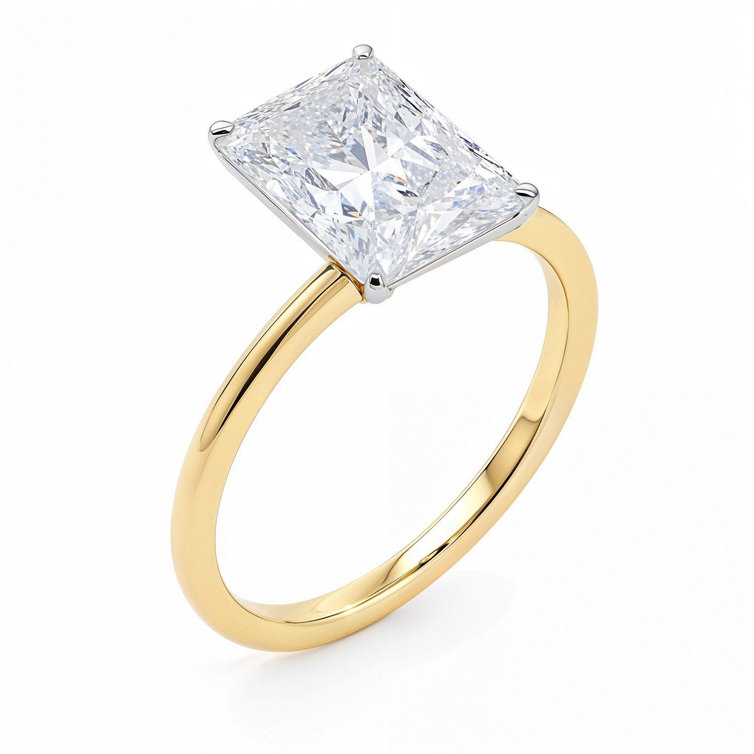 5 carat radiant lab-grown diamond solitaire ring in 10K yellow gold, showcasing modern elegance and exquisite craftsmanship.