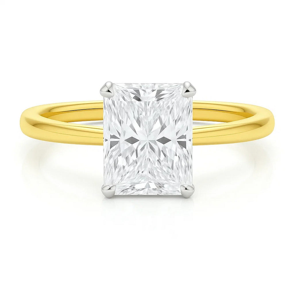 5 carat radiant lab-grown diamond solitaire ring in 10K yellow gold, showcasing modern elegance and timeless luxury.