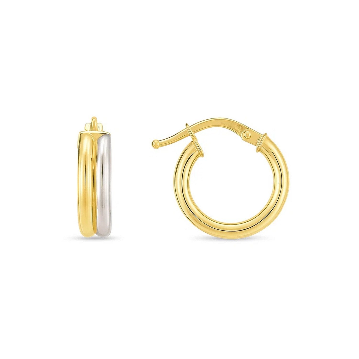 14k two-tone gold textured double hoop earrings, modern design with a luxurious finish, perfect for elegant occasions.