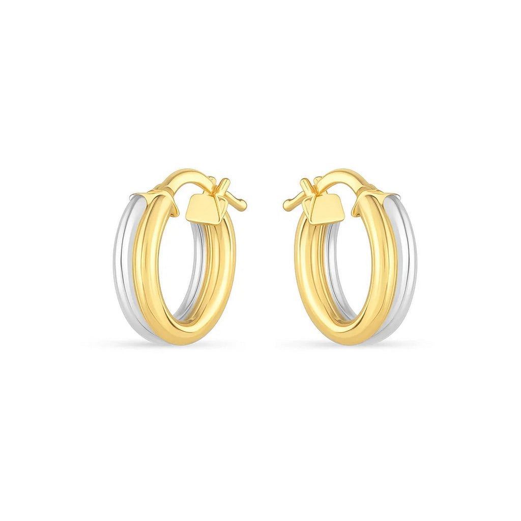 14k two-tone gold textured double hoop earrings with a modern design, perfect for elegant occasions.