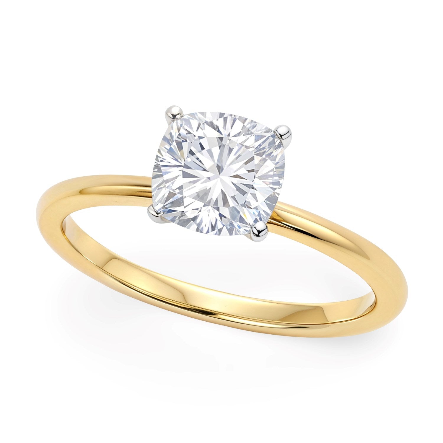 1 carat cushion cut lab-grown diamond solitaire ring in 10K yellow gold, showcasing elegant simplicity and timeless beauty.