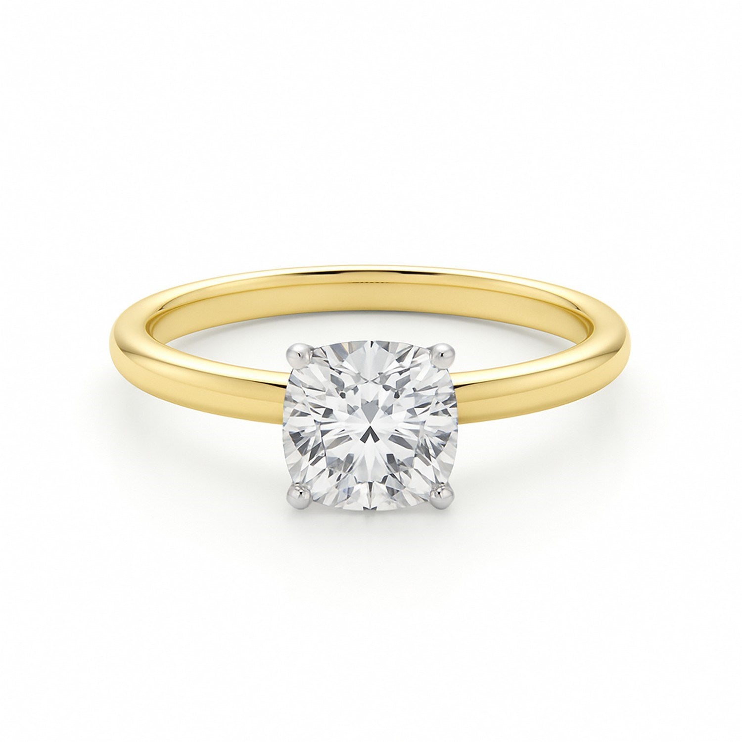 1 carat cushion cut diamond solitaire ring in 10K yellow gold, showcasing elegant simplicity and timeless luxury.