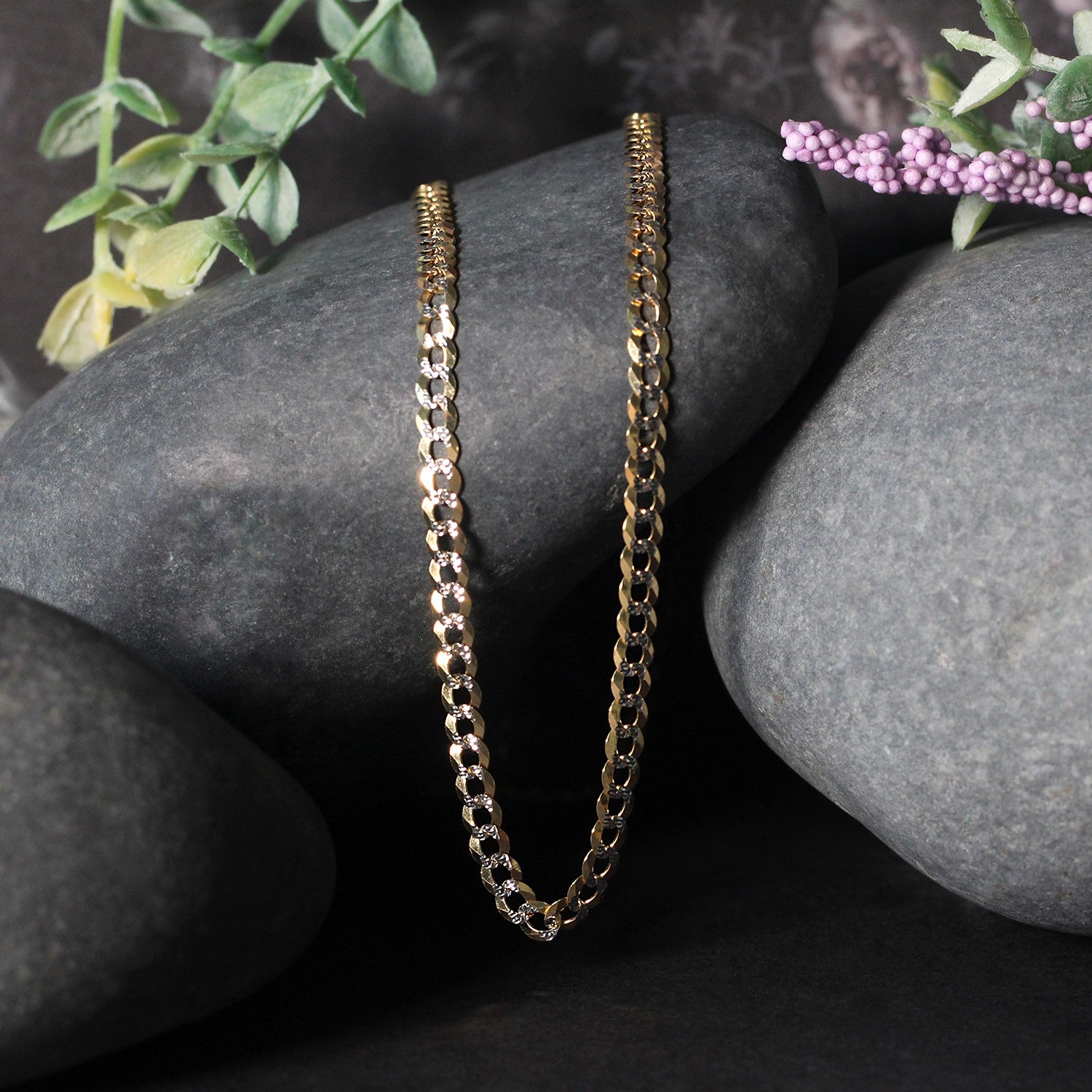 14k two-tone gold pave curb chain, modern design, 3.60 mm width, perfect for layering or standalone elegance.