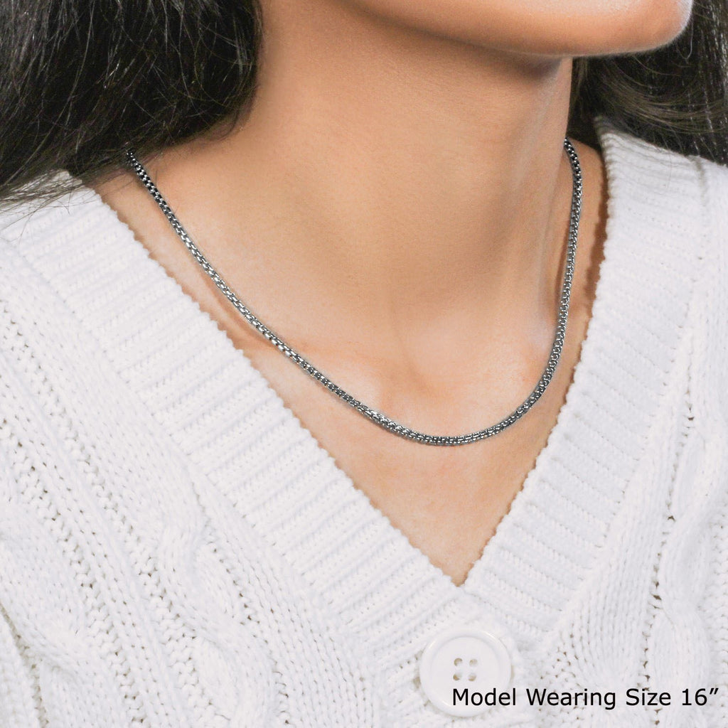 14k white gold solid round box chain, modern design, 2.5 mm width, perfect for layering or as a statement piece.