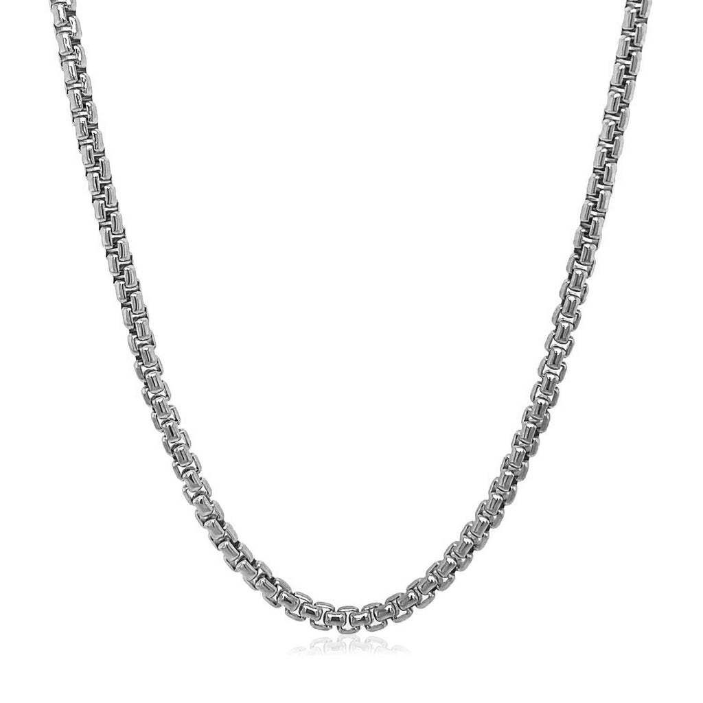 14k white gold solid round box chain, modern design, 2.5 mm width, perfect for layering or standalone elegance.