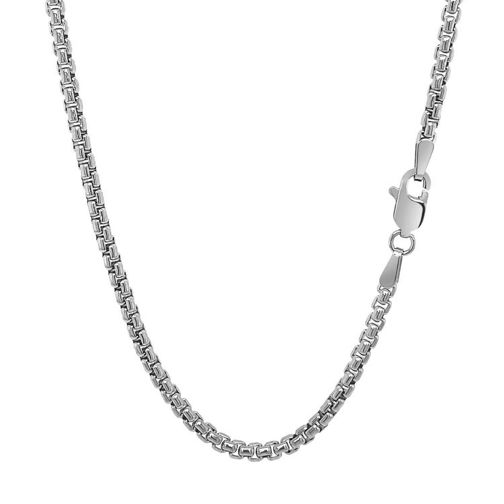 14k white gold solid round box chain, modern design, 2.5 mm width, perfect for layering or as a statement piece.