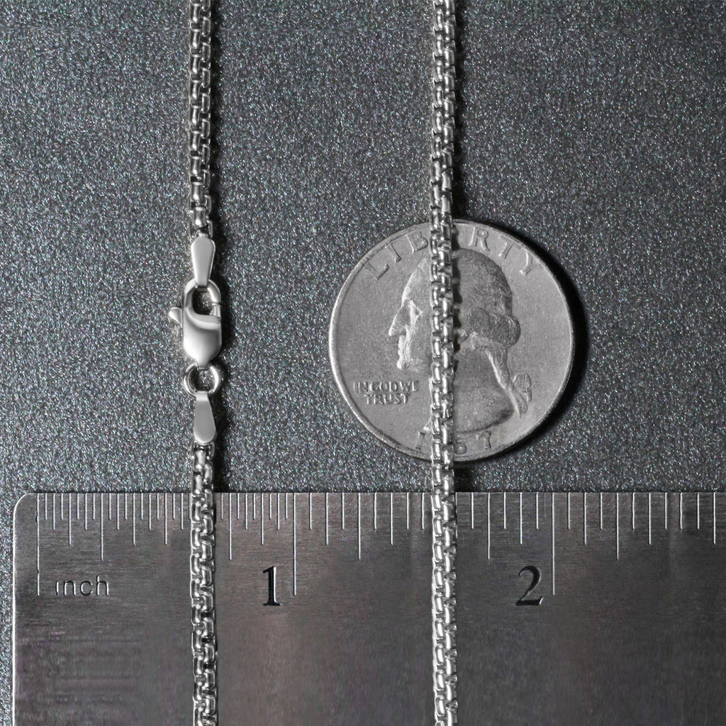 14k white gold solid round box chain, modern design, 2.5 mm width, perfect for layering or as a statement piece.
