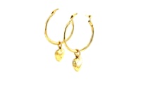 14k Yellow Gold Hoop Earrings with Dangling Voluminous Heart