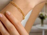 14 Karat Gelbgold, hochglanzpoliertes Büroklammerarmband mit abwechselnden Perlen (3,50 mm)